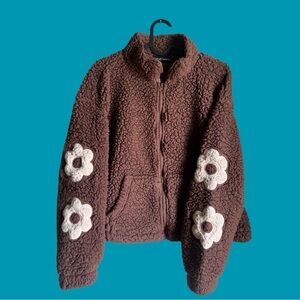 Almost Famous Brown and White Sherpa Jacket with Floral Sleeves